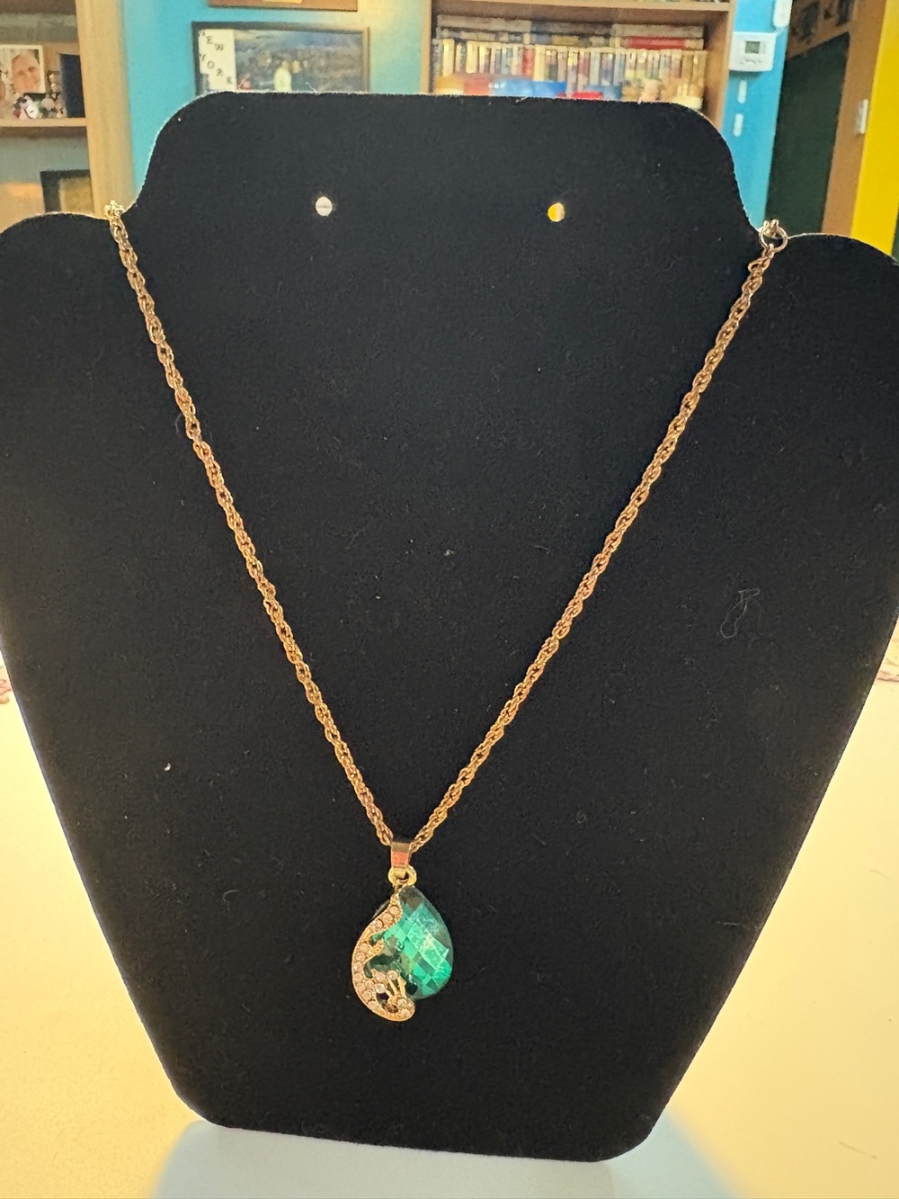Gold Tone Chain Necklace with Green Teardrop Pendant - Women Jewelry